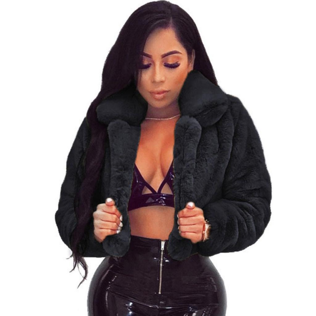 TrendHub Fashion Faux Fur Open Stitch Lapel Crop Jackets Women Clothing Autumn Winter Solid Long Sleeve Warm Furry Fluffy Coat Outer Wear