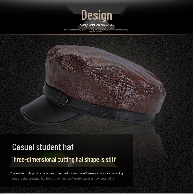 Korean Style Genuine Leather Duckbill Cap for Men & Women - Autumn/Winter Flat Top Military Biker Cap