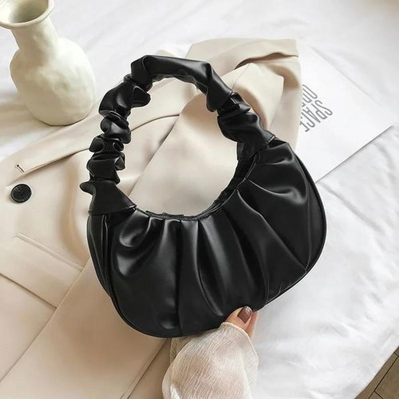 Korean Women Cloud Pleated Shoulder Bag Ladies Solid Color Leisure PU Leather Underarm Fashion Female Small Vintage Handbag