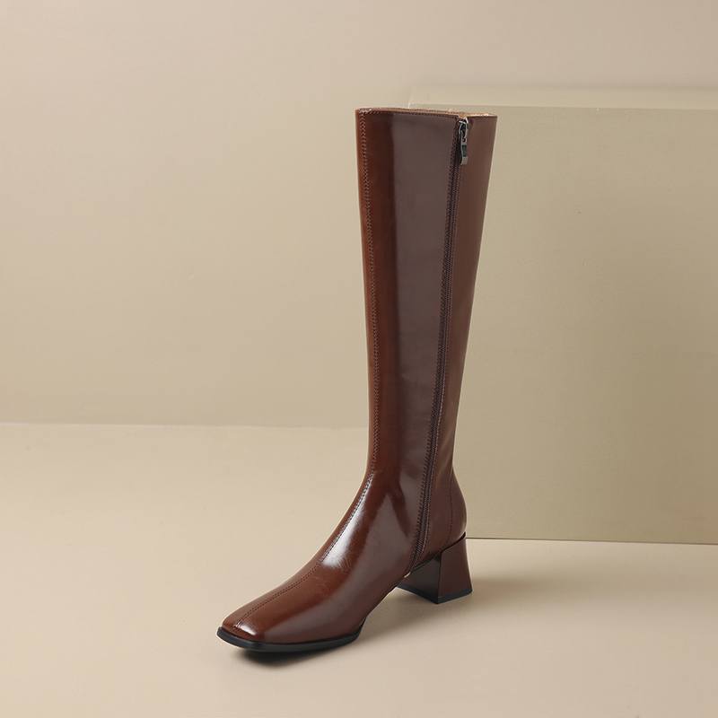 Krazing Pot Hovězí kůže Zimní hranatá špička Silné vysoké podpatky Jezdecké boty Dámské Zip Retro Vintage Vysoké boty na stehna