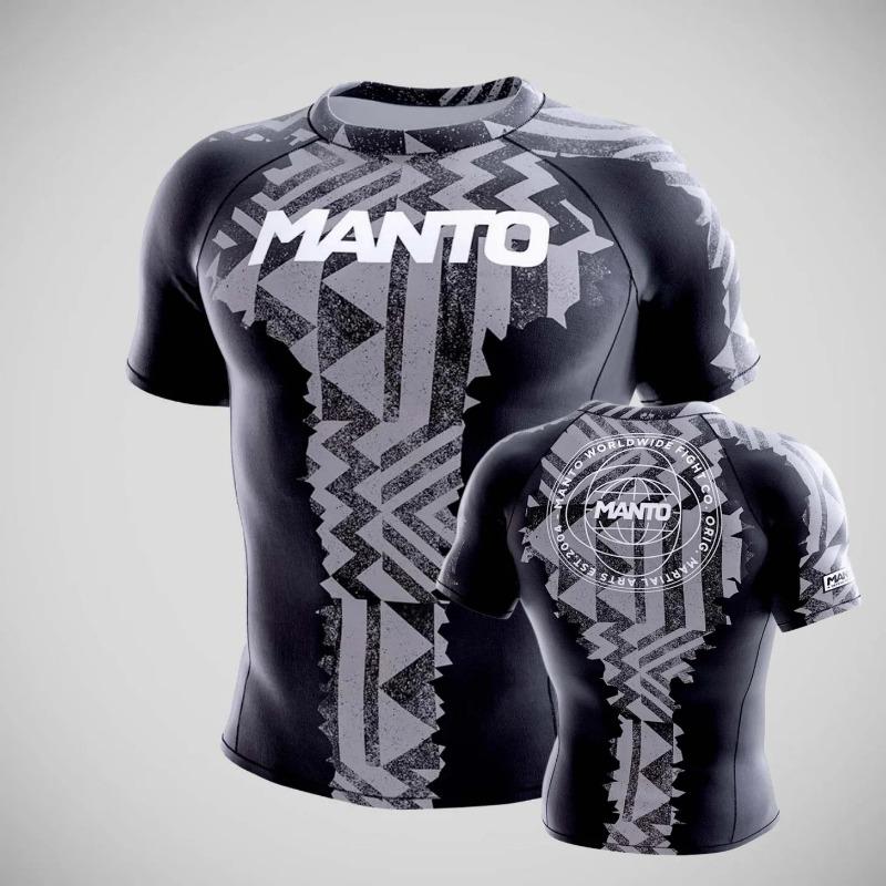 MANTO "Buddha Statue" Blue Gold Print Short Sleeve Rash Guard Black BJJ Compression Training Shirt for Men