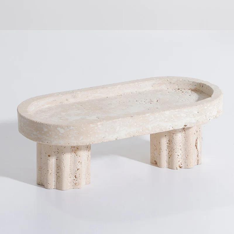 Beige Marble Tray with Leg Vintage Natural Stone Jewelry Cosmetics Tray Serving Tray Cup Cake Stand Set for Hotel