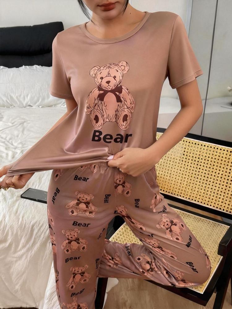 Women'S 2pcs Heart Bear Pajama Set - Cozy Red & Heart Bear Print Long Sleeve Nightgown & Pants with Elastic Waistband, Button-Up Front, Cute Pajamas