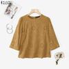 ZANZEA Women Casual Round Neck 3/4 Sleeve Loose Patchwork Crochet Blouse