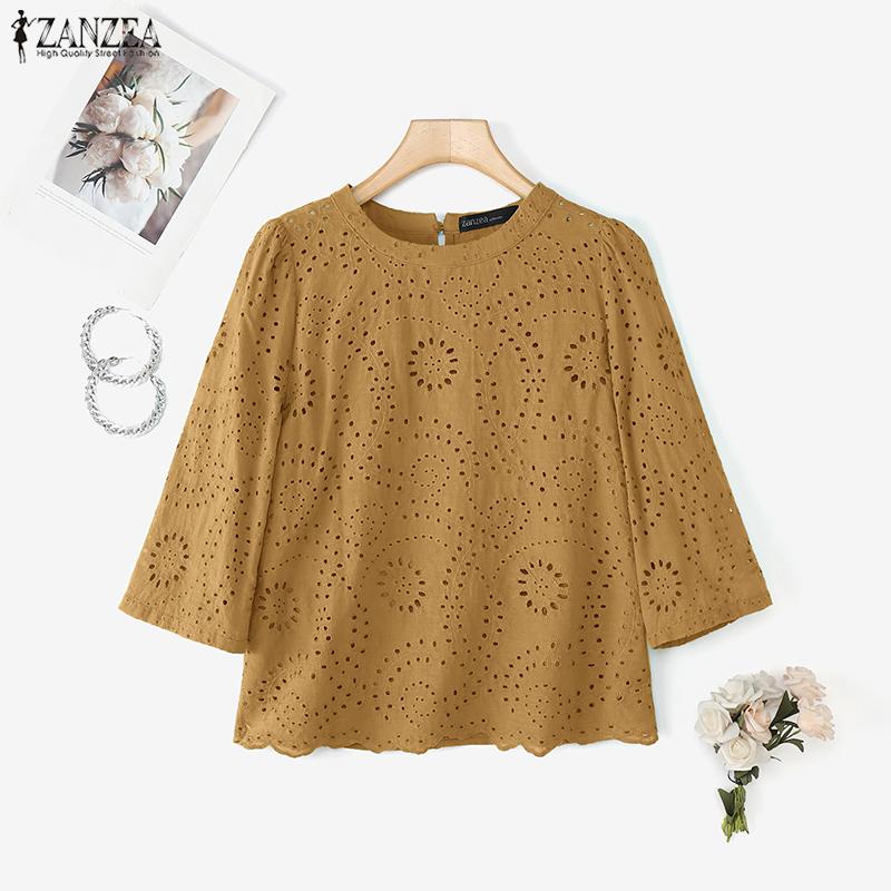 ZANZEA Dame Casual Rund Hals 3/4 Erme Løs Lappeteppe Heklet Bluse