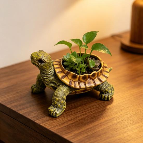 Small Turtle Planter Resin Turtle Shaped Flower Pot with Drainage Holes Cute Animal Cacti Pots for Office Home Desktop Decor