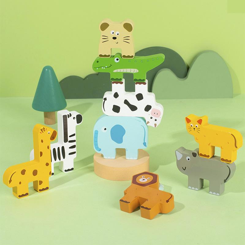 Wooden Animal Stacking Block Game Shape Matching Puzzle Balance Toy Montessori Fine Motor Training Educational Toys For Children