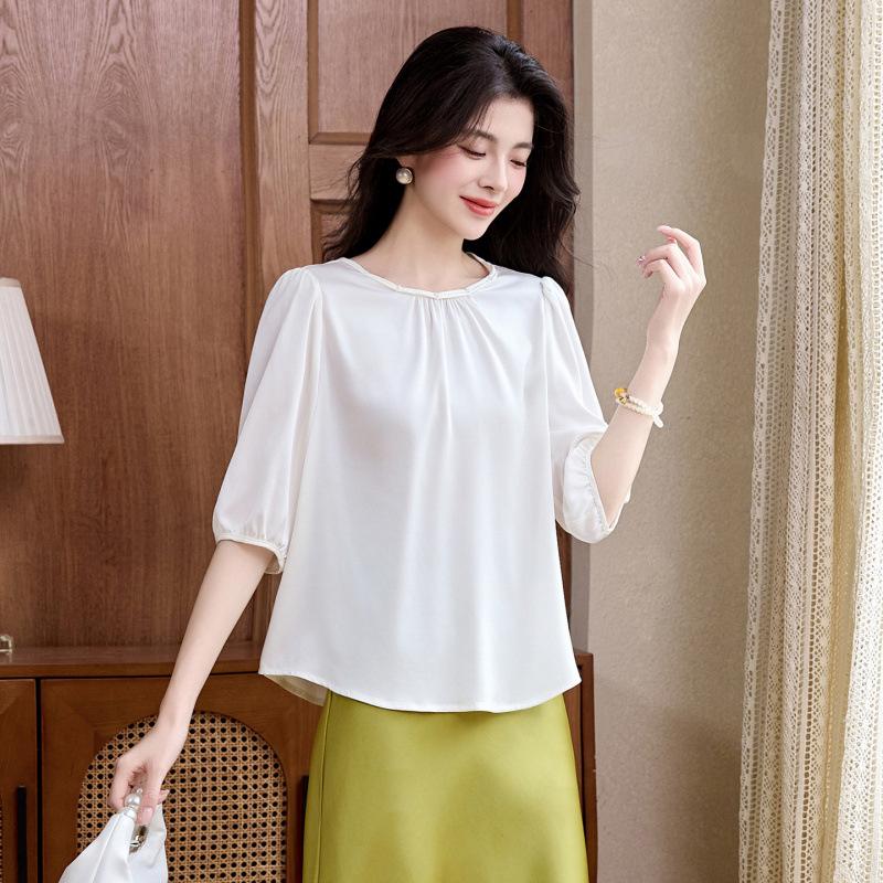

Silk Shirt Women s Five-quarter Sleeve Summer Fashion Top Casual Crew Neck Mulberry Silk Shirt M білий