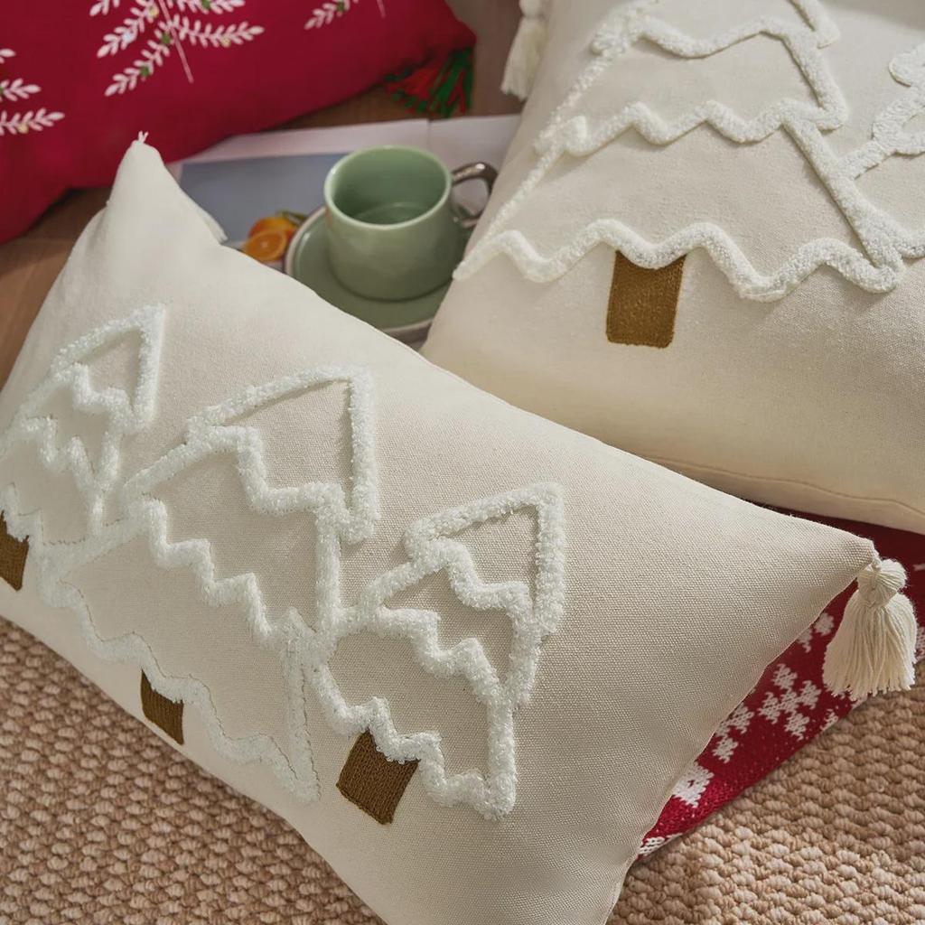 Cross-Border Christmas Tree Embroidered Canvas Pillowcases with Tassels for Sofa Decoration