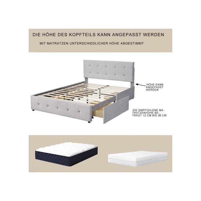 Lit Double 140x200 Cm - MUVOE - Velours Gris - 4 Tiroirs De Rangement - Structure En Métal - Installation Facile