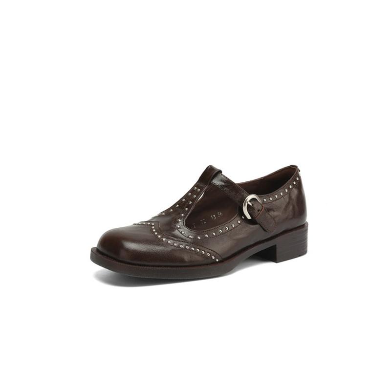 Mode Neue Frühling/Sommer Mary Jane Schuhe Echtleder Schuhe für Damen Mode Nieten Gürtelschnalle Runde Zehenpartie Damen Pumps Klobige Absätze