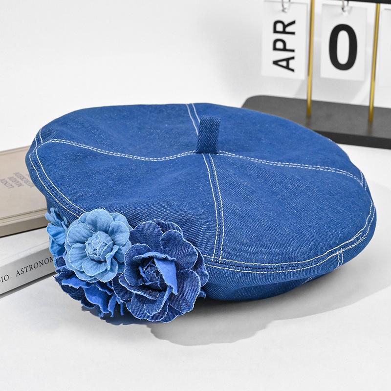Retro Hat Female Summer Three-dimensional Flower Denim Beret Showing Face Small Camellia Painter Hat