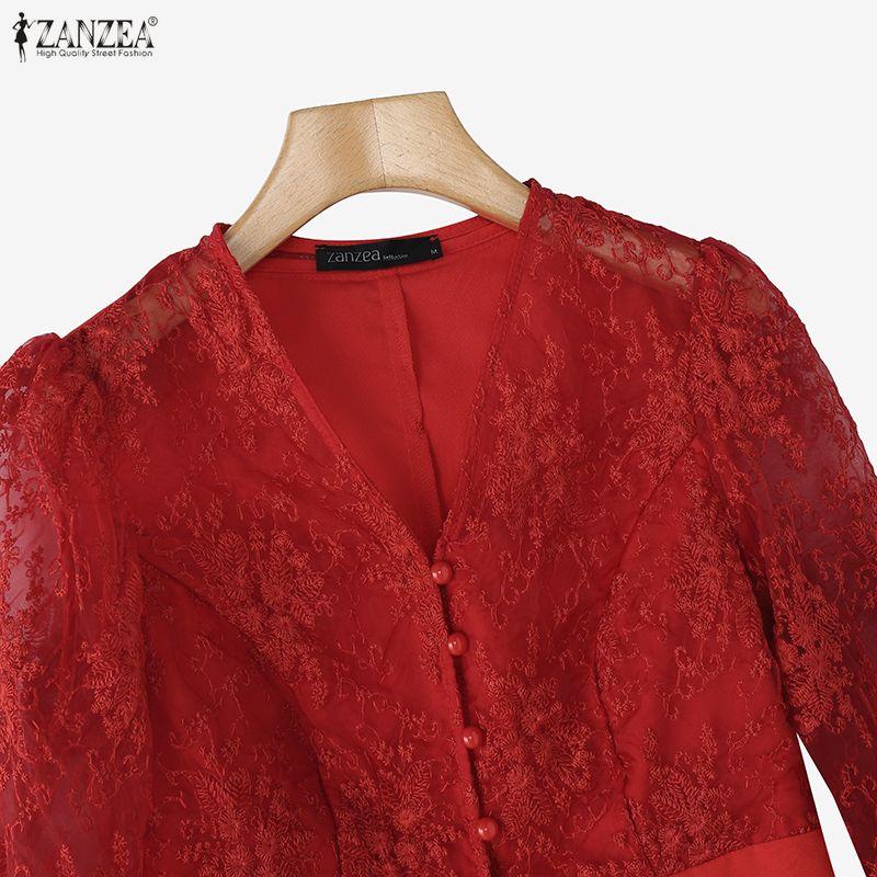 ZANZEA Damen Casual V-Ausschnitt 3/4-Ärmel Spitzen-Patchwork Slim Bluse