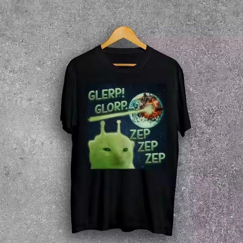Glerp Glorp Funny Alien Cat Attack on Earth Meme T-shirt, Funny and Abstract Short-sleeved Shirt for Boys and Girls