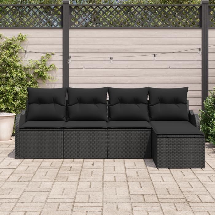 Ensemble de Canapé de Jardin de 5 Pièces avec Coussins Noir Poly Rotin, Canapé de Jardin de 2 Places avec Coussins Noir Poly 3345663