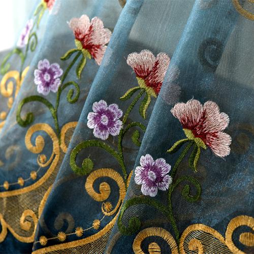 

1PC LOZUJOJU Розкішні європейські вишиті квіти, тюль, прозорі штори, штори для вікон для домашнього декору у вітальні W300cm x L260cm синій