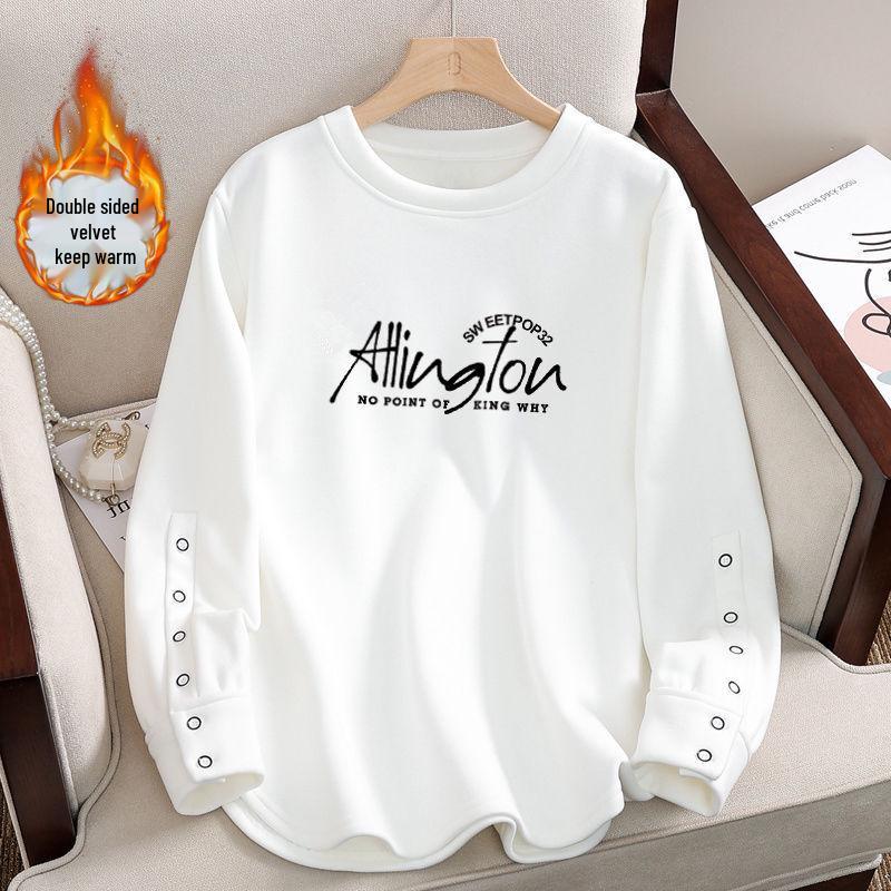 Women's White Pure Cotton Fleece-Lined Crew Neck Sweatshirt - Loose Fit, Long Sleeve, Autumn/Winter Korean Style Top