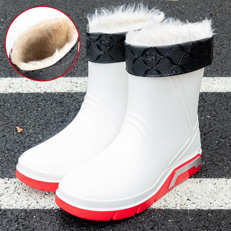 Fashion Men Rain Boots Mid-Calf Length Non-slip Waterproof Rain Boots Car Washing Fishing Leisure Work Rubber Shoes with Cotton