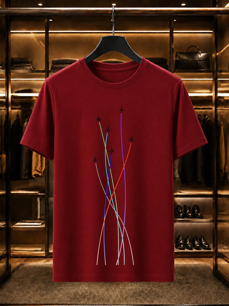 2026 New Arrival 100 Cotton Tshirt Creative Colorful Airplane Flight Path Print Crew Neck Casual Short Sleeve