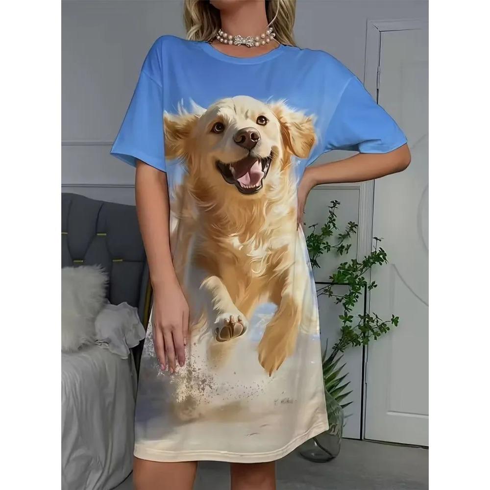 Fun Animal Colorful Patterns Women Mini Dresses Summer Short Sleeve Printed Plus Size Casual Comfortable Soft Dress