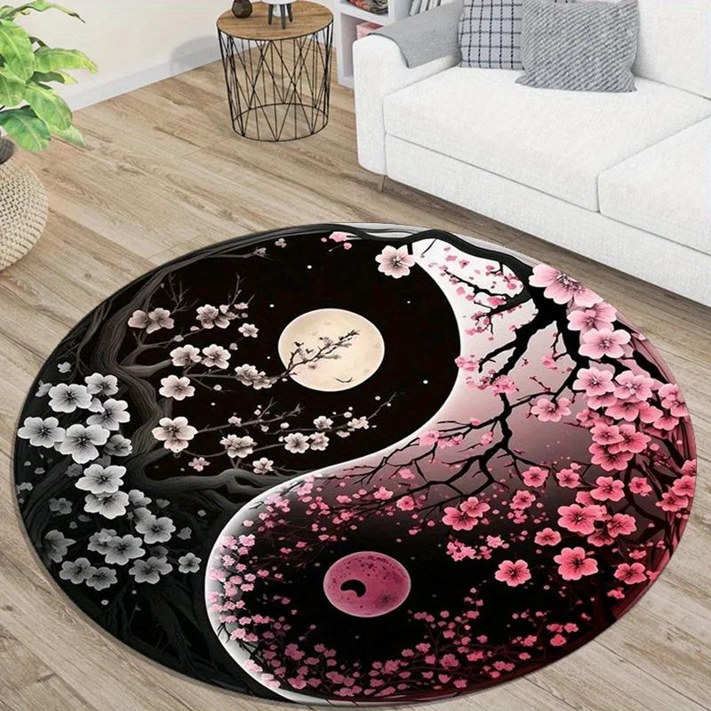 Yin Yang Round Rug Non-Slip Machine Washable Rug with Sakura Goldfish Dragon Lion Cat Tree Design for Living Room Bedroom