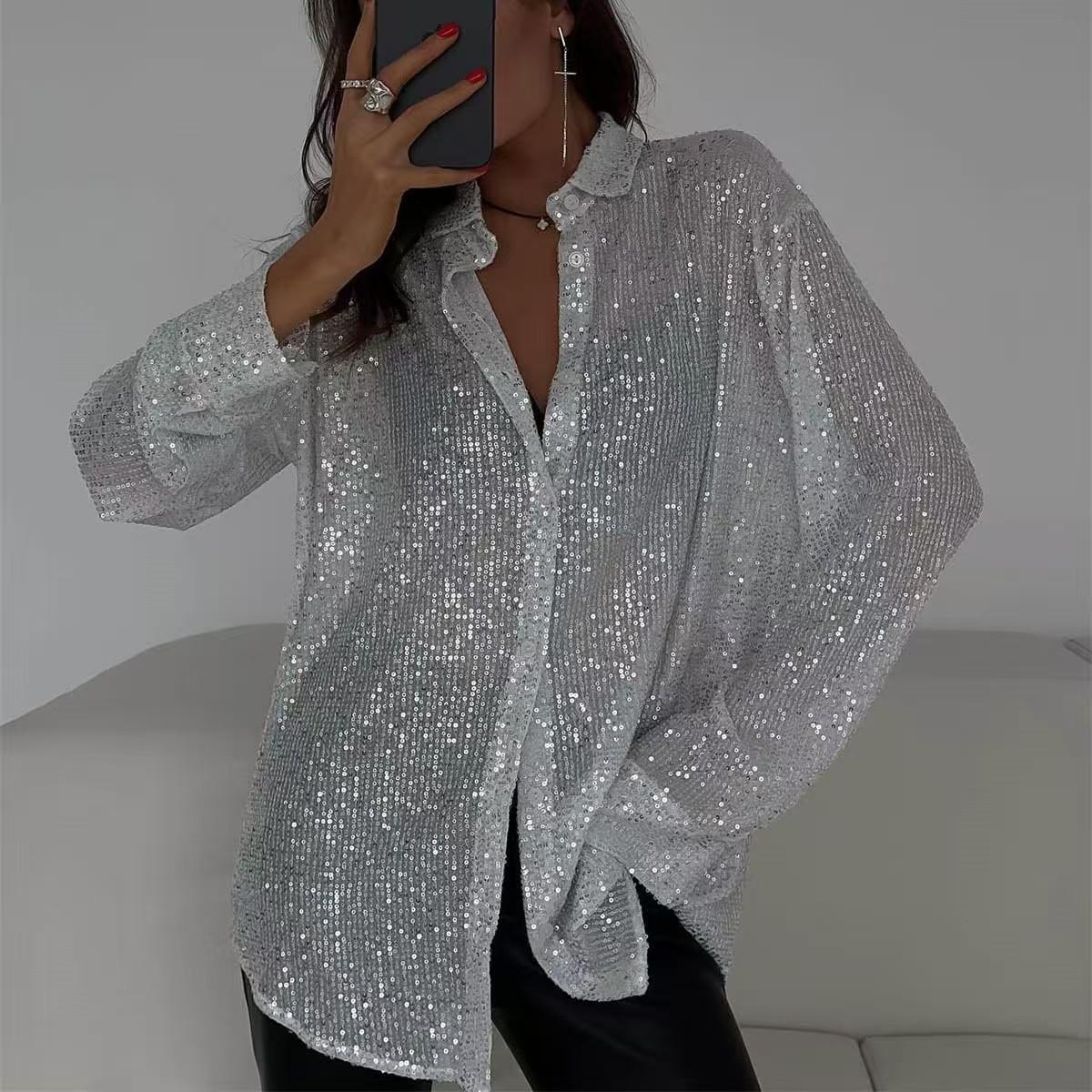 

Women s Sparkly Sequin Long Sleeve Lapel Shirt Spring Summer Button Down Loose Blouse Casual Party Top Jacket XXXL білий