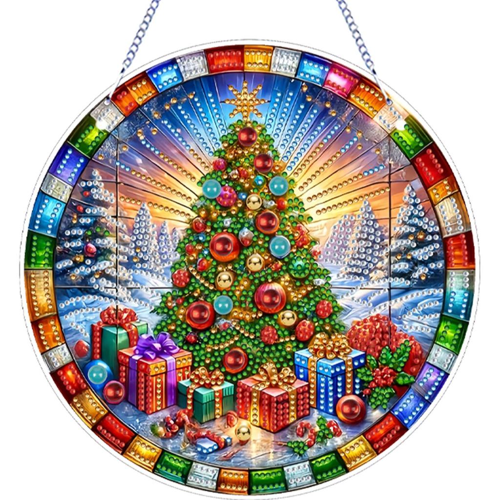 Xmas Theme 2D Flat DIY Double Sided Hanging Diamond Art Kits Rhinestone Diamond Art Window Pendants DIY Home Decor Hanging Charm