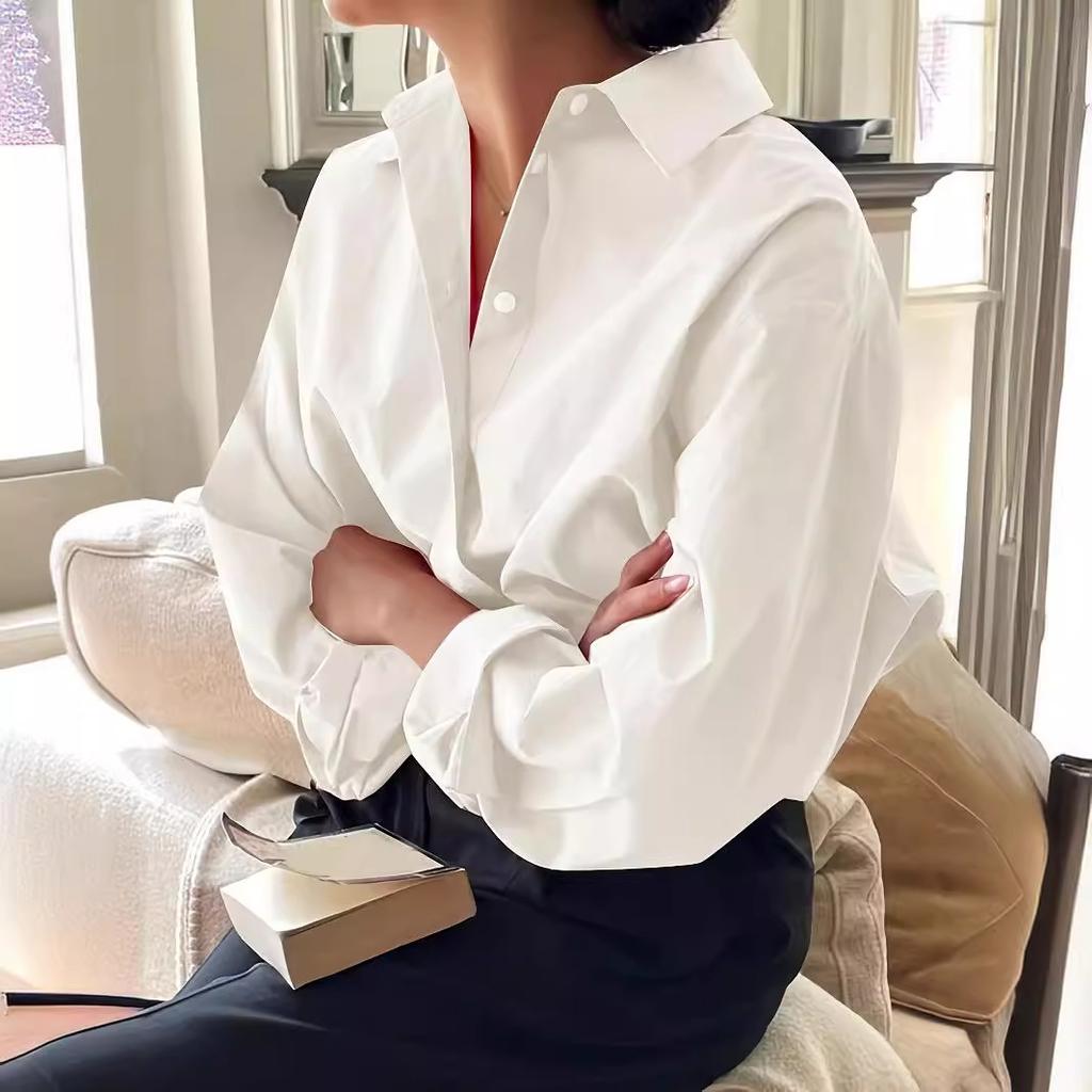 Women's Minimalist Loose Turn Down Collar Blouse Solid Color Long Sleeve Shirt Casual Commute Wear Tops