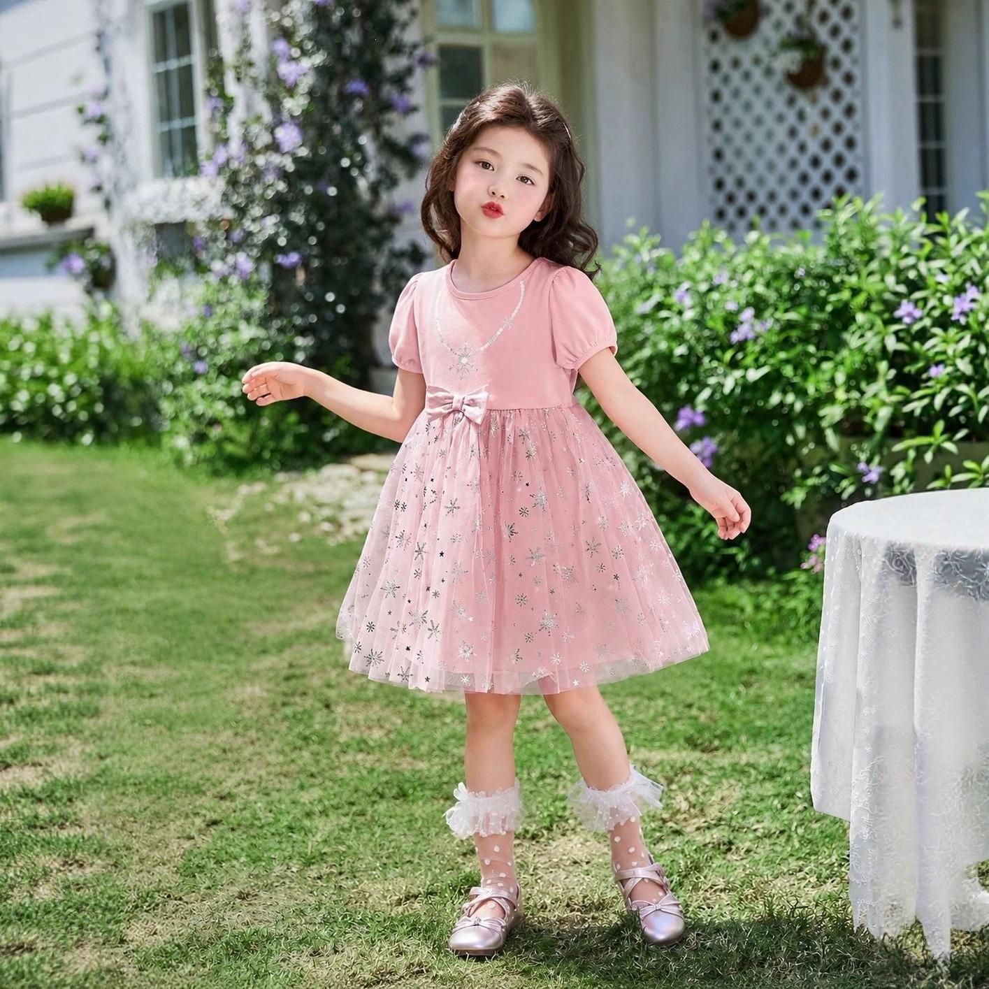Girls Summer Tulle Mesh Princess Dress with Short Sleeves and Puff Skirt 90