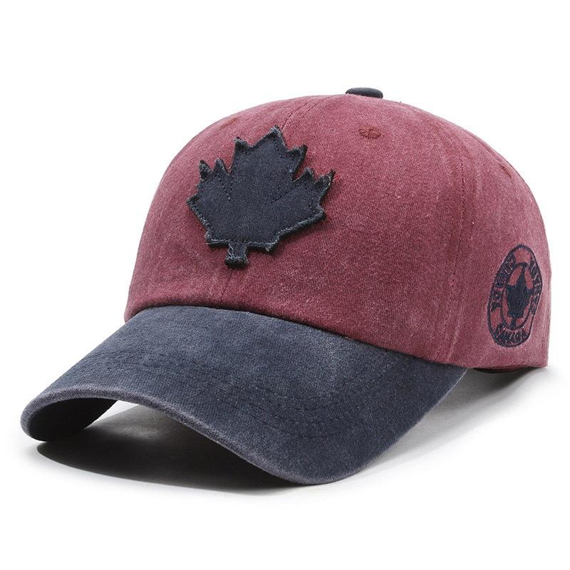 Pure Cotton Color Block Baseball Cap Washed Cotton Hat Maple Leaf Patch Sun Hat