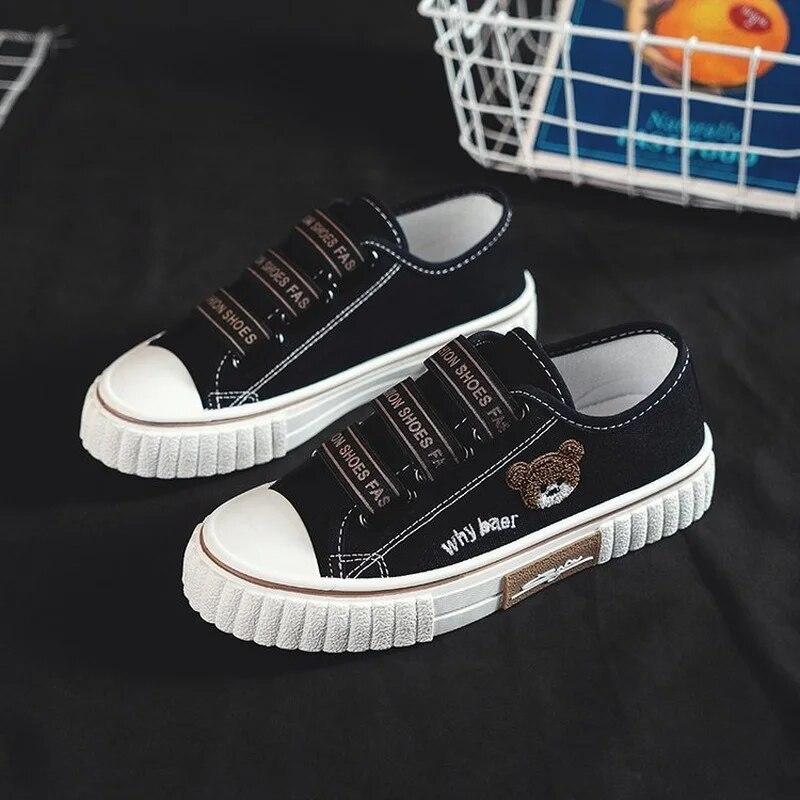 Boty pro ženy Výšivka Medvěd Plátěné Boty Dámské Studentský Trend Sportovní Ležérní Platforma Vulkanizované boty Plochá obuv