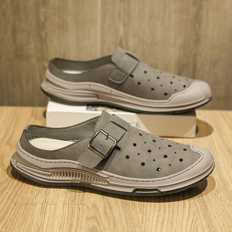 2025 Summer Mules Men Half Shoes For Man Slippers Leather Mens Backless Casual Shoes Loafers Male Slides Flat Semi-Drag Sandals