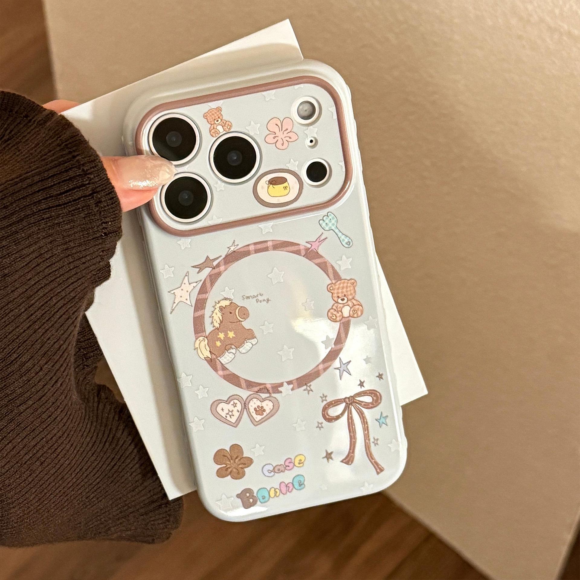 

Rocking Horse & Little Bear Glitter Phone Case for iPhone 13/15/16/17 Pro Max with Magnetic Bracket 16