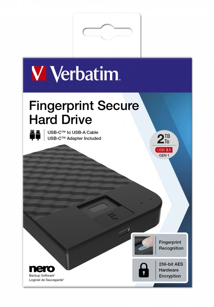 Dysk zewnętrzny Verbatim 2TB 2.5" FingerPrint Secure USB-C 3.0 Gen1 czytnik linii papilarnych