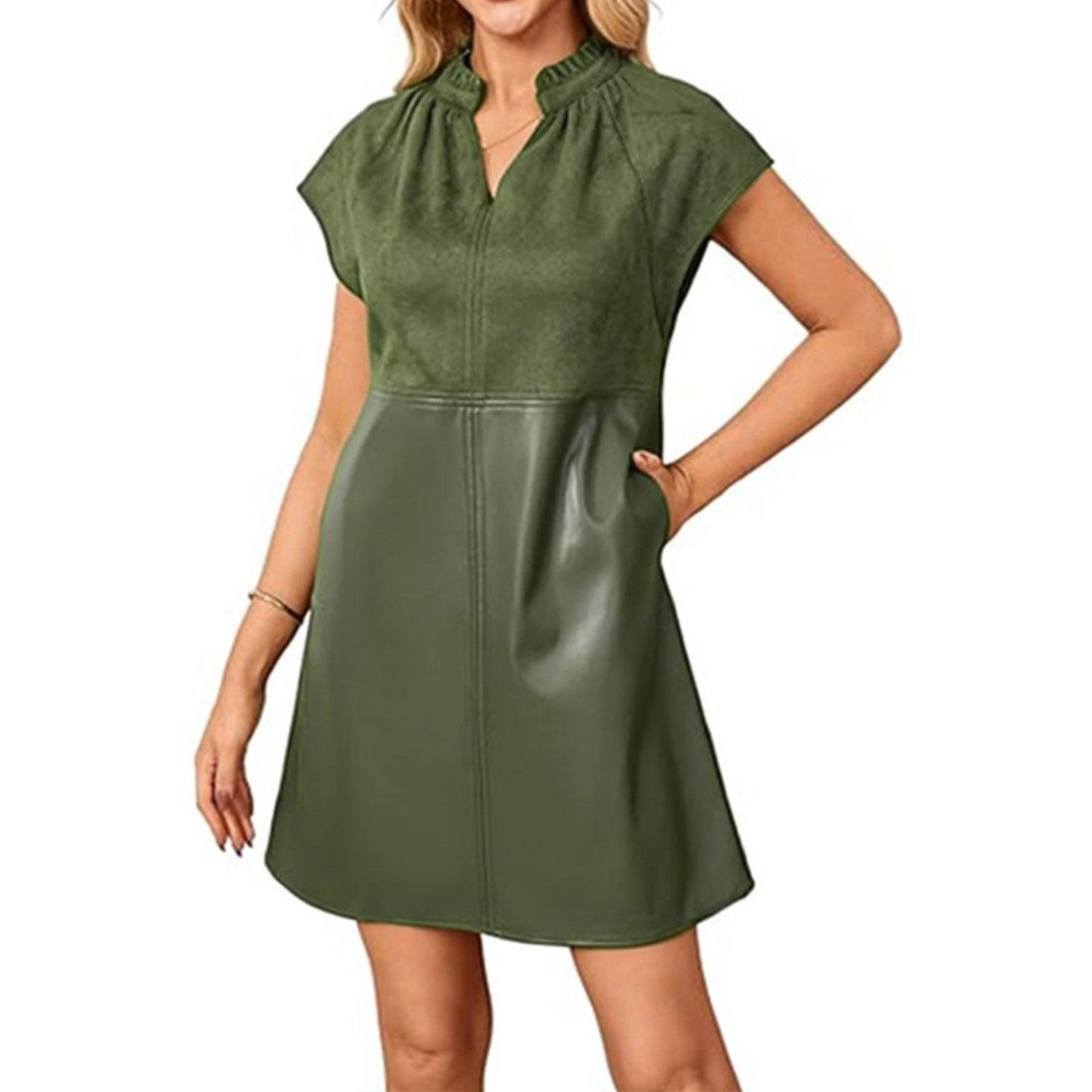 

Women s Fashion V-neck Contrast Pocket Dress M зелений