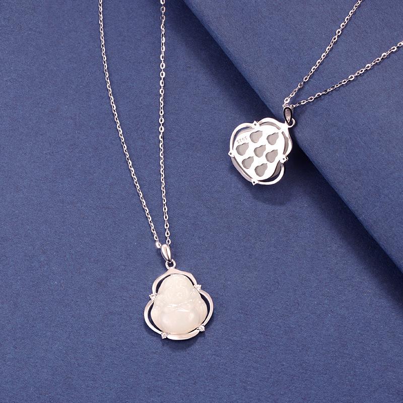 S925 Sterling Silver Hetian Jade Maitreya Buddha Pendant Necklace - Women's Ancient Chinese Style Clavicle Chain Gift