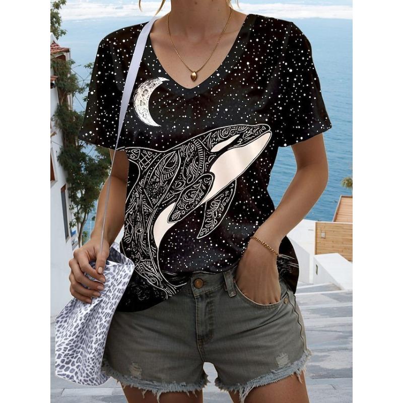 

Женский топ с коротким рукавом с 3D цифровой печатью «Дельфин», летняя футболка с V-образным вырезом XXS