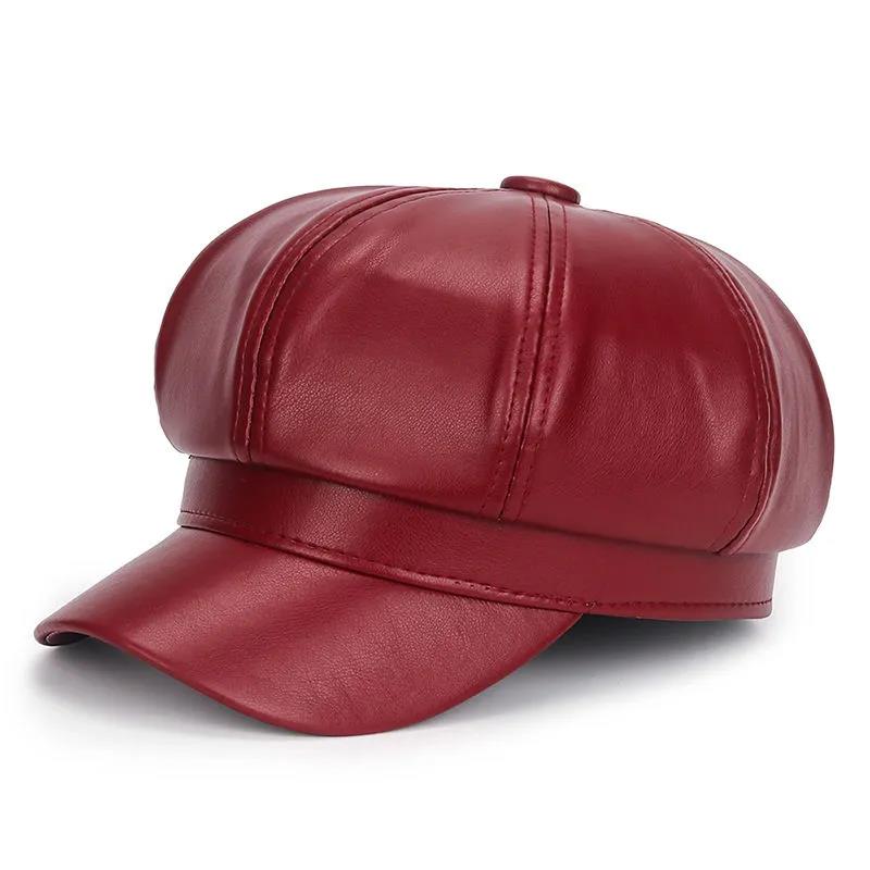 Autumn and Winter Retro Beret Pu Leather Solid Color All-match Octagonal Hat for Women