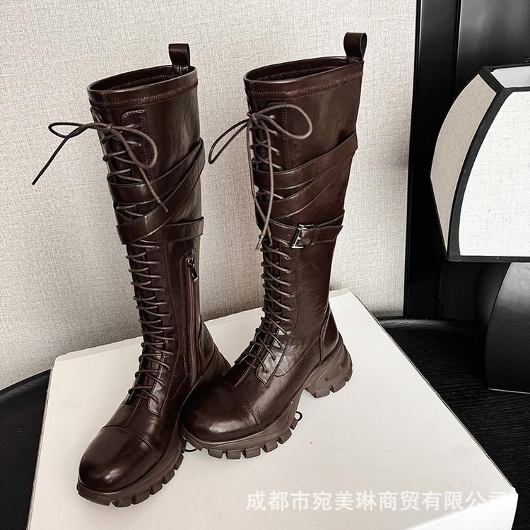 Leather high boots women's thick heel round head Martin boots 2025 autumn and winter muffin thick sole strap knight boots side zipper