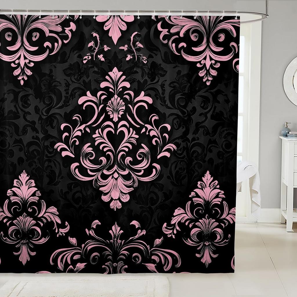 Vintage Boho Damask Floral Bathroom Curtain,Bohemian Exotic Goth Shower Curtain Victorian Baroque Flower Shower Bathtub Decor