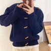 Retro horn buckle crew neck knitted cardigan women's autumn and winter new loose lazy wind sweater jacket top trendy
