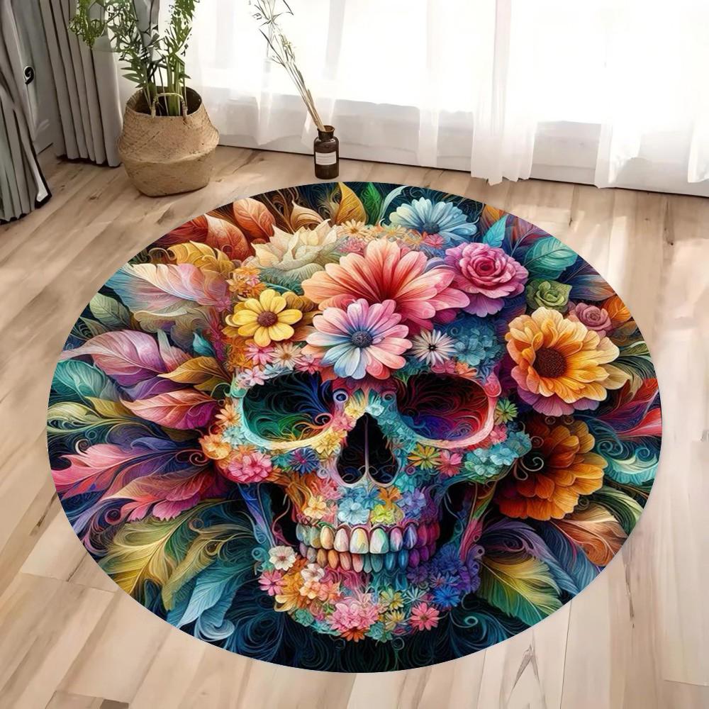 Halloween Terrifying Rose Skull Round Carpet Gothic Rose Carpet Bedroom Living Room Decoration Halloween Gift
