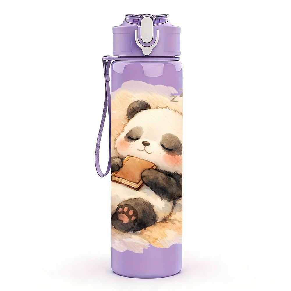 1PC Fluffy Panda Soft Watercolor Print 750ml Color Plastic Sports Water Bottle Leakproof Flip Straw Lid Suitable for Sports Office Home Use