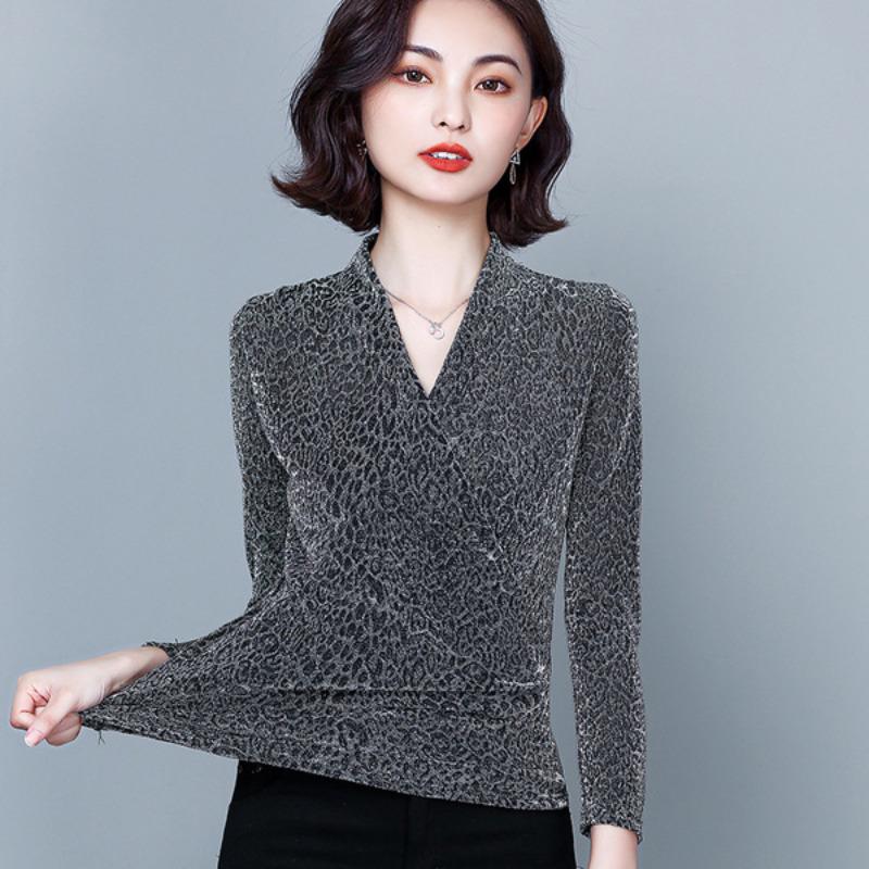 

Женская верхняя осенняя новая мода иностранная рубашка с V-образным вырезом и длинными рукавами с леопардовым принтом 4XL