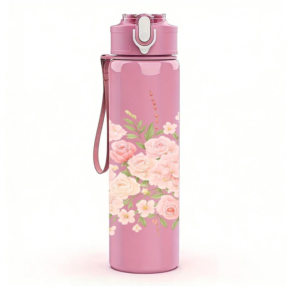 1PC Soft Pink Floral Bouquet 750ml Color Plastic Sports Water Bottle Leakproof Flip Straw Lid Suitable for Sports Office Home Use