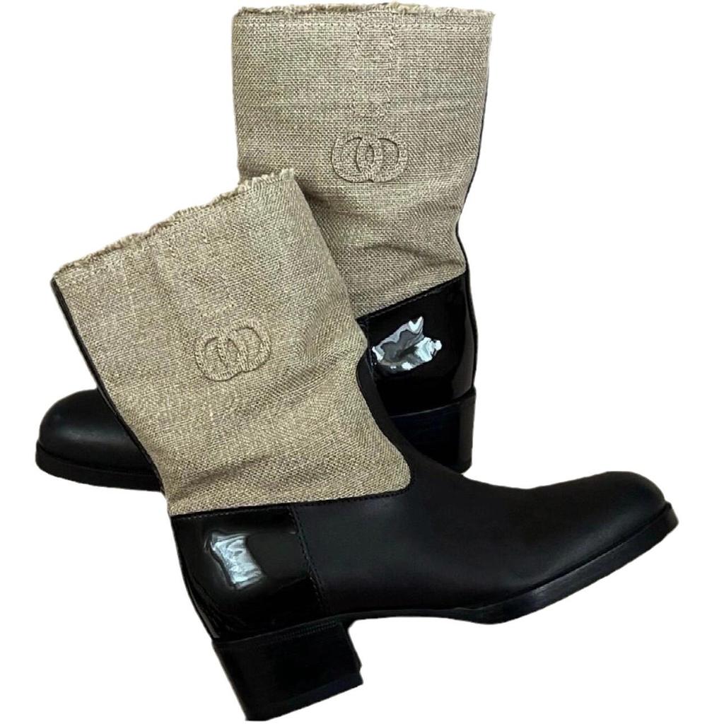 Sheepskin Version~ Xiaoxiangfeng Canvas Leather Wide Tube Martin Boots Women's Thick Heel Thick Sole Medium Tube Western Boots High Heel Short Boots