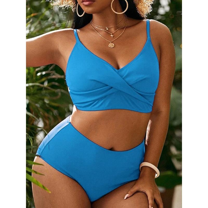 2025 Plus Large Size Bikini Set High Waist Swimwear Women Solid Swimsuit Female Beachwear Bathers Swimming Bathing Swim Suit