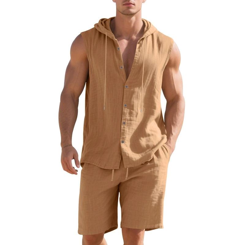 

Men Shirt Shorts Two-piece Suit Hooded Sleeveless Shirt Adjustable Elastic Shorts Set Hiking Workout Summer Casual Outfit XXXL коричневий