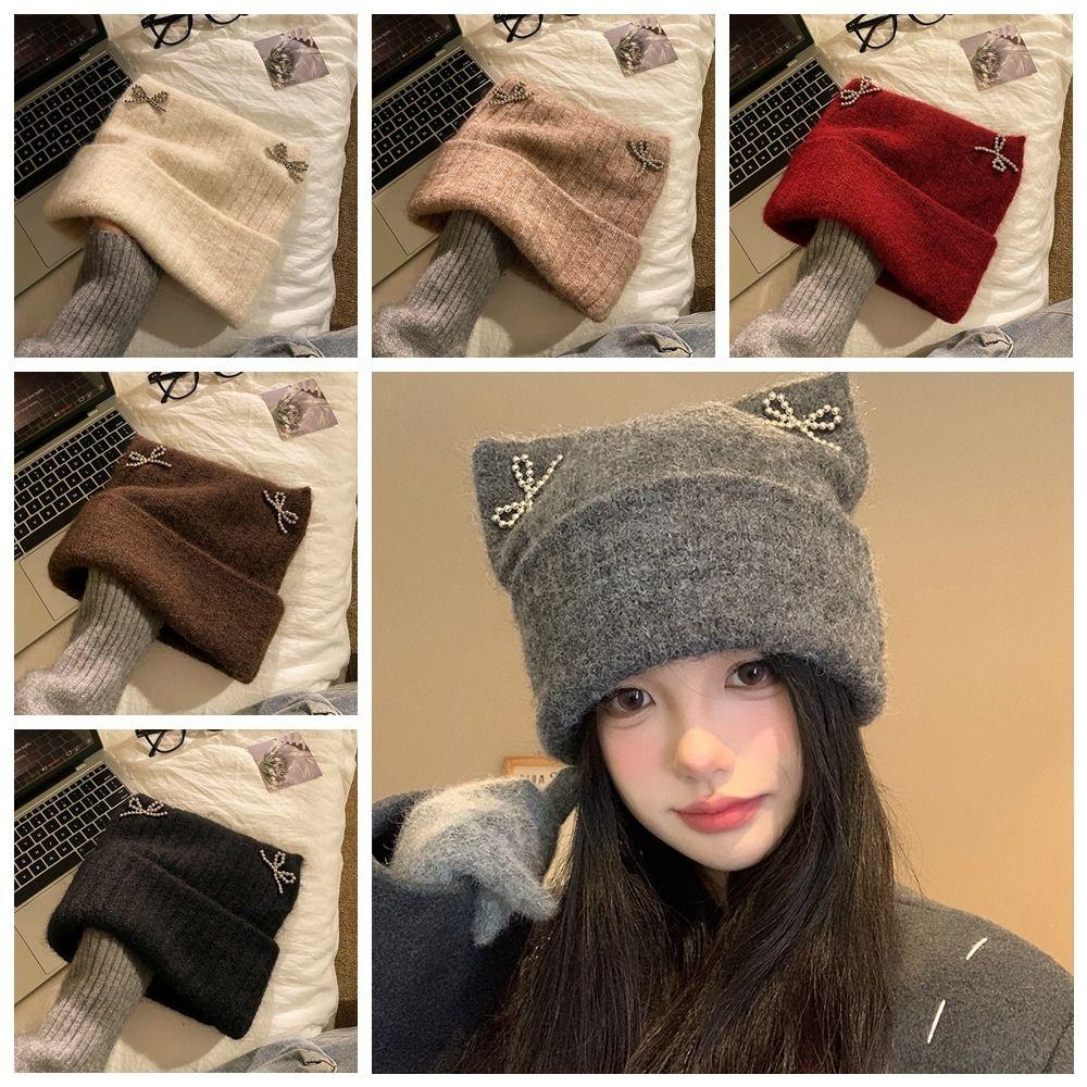 Bow Knitted Pullover Hat Fluffy Winter Wool Hat Keep Warm Cat Ears Beanie Hat  Girls