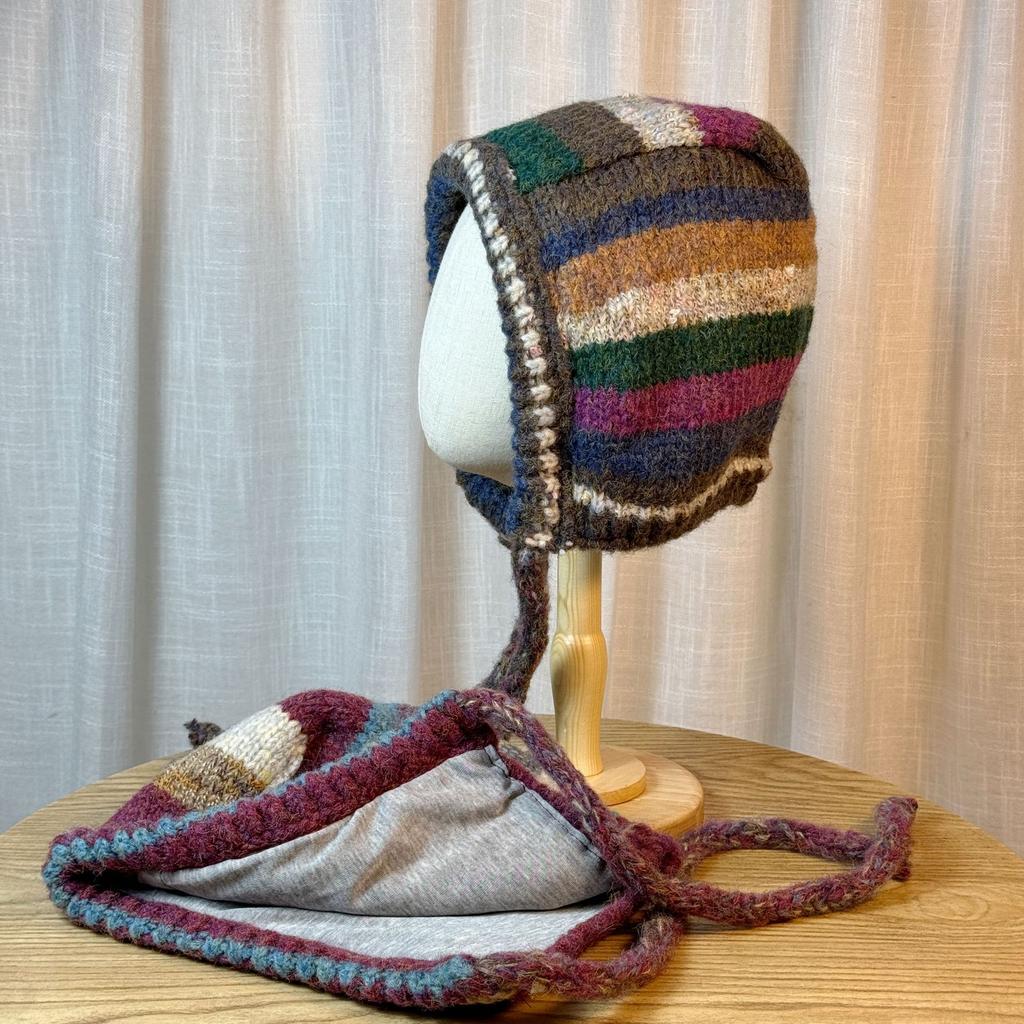 Retro Color Blocked Lace Up Knitted Wool Hat for Women in Autumn and Winter Thickened Warm Ear Protection Balaclava Hat Trendy